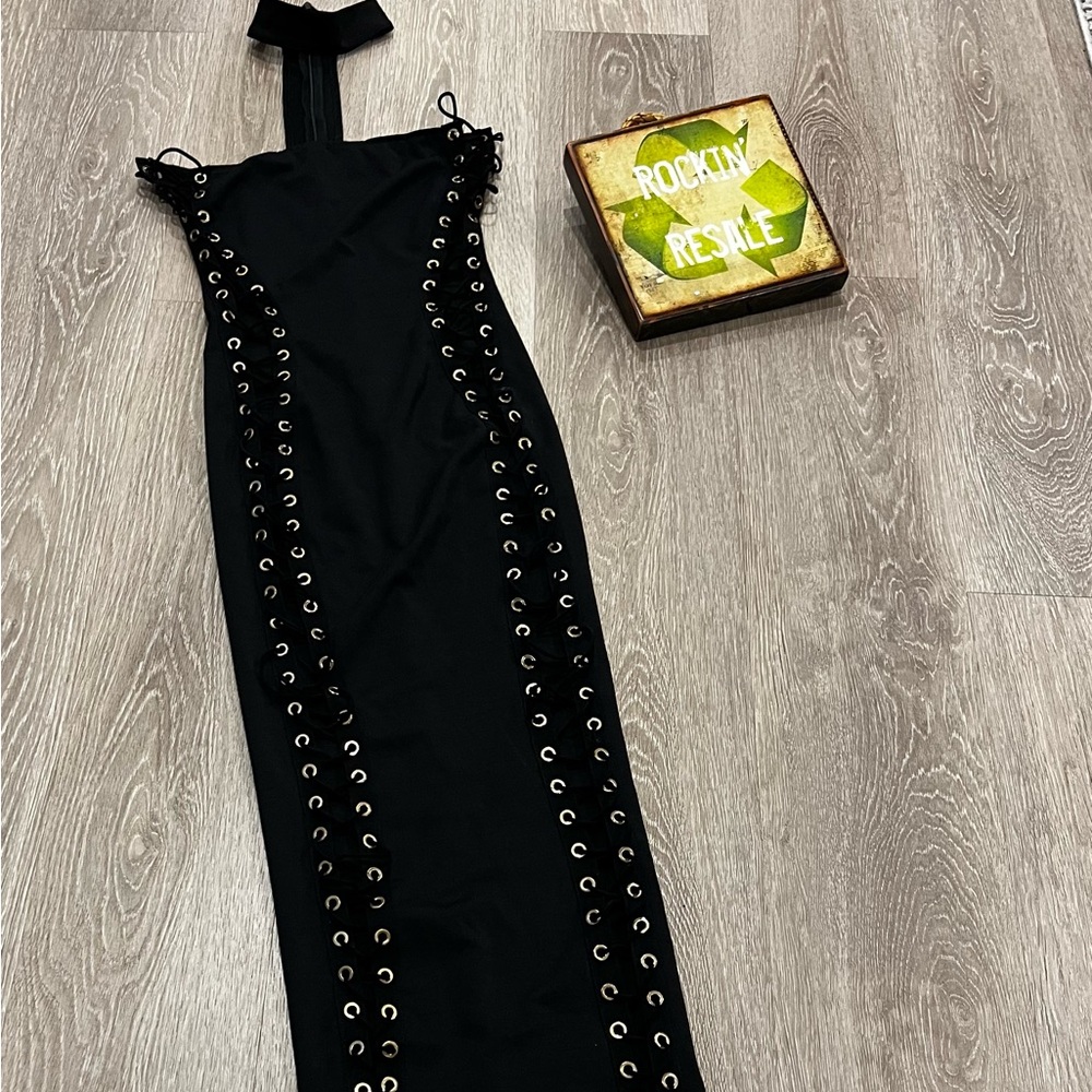 Black Sleeveless Dress with Eyelet Detailing